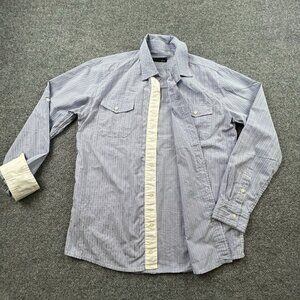 VTG Zein Mens L Blue White Plaid Striped Button Up Shirt Roll Tab Sleeves‎ 2 Pkt